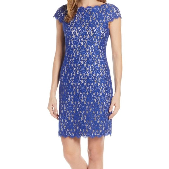 eliza j cap sleeve lace dress Eliza J Women's Illusion Neck Cap Sleeve Gown - Blue